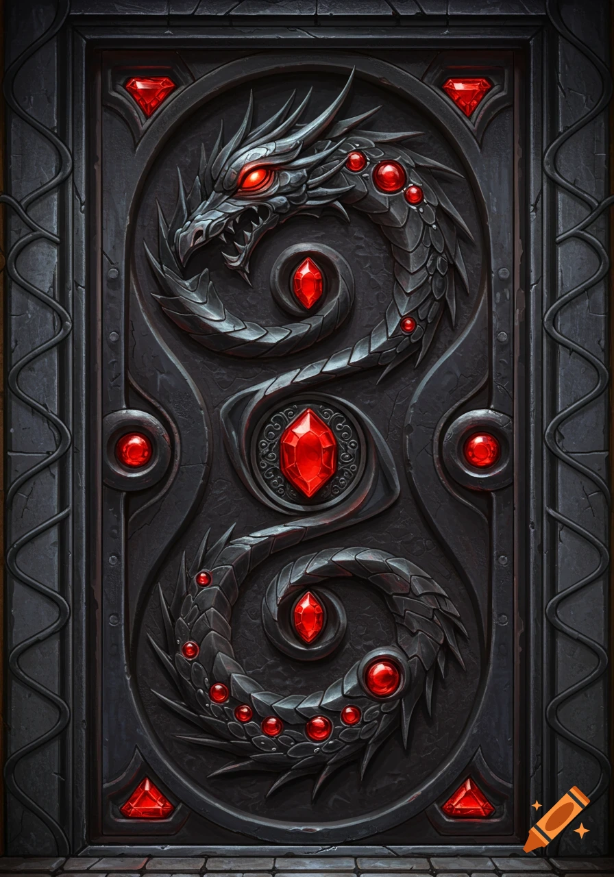 A dark metal door with a relief sculpture of a coiled dragon studded with red jewels.