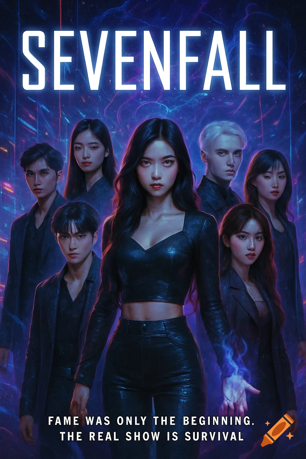 A group of young people in futuristic outfits pose against a glowing blue background with the title 'SEVENFALL' and a tagline.