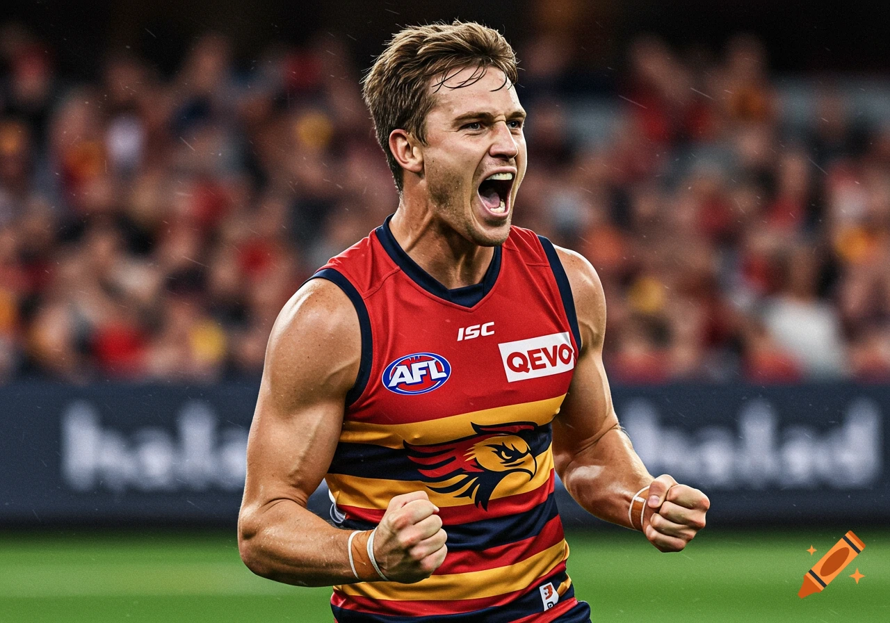 Australian rules football player celebrating in a red, yellow, and blue uniform.