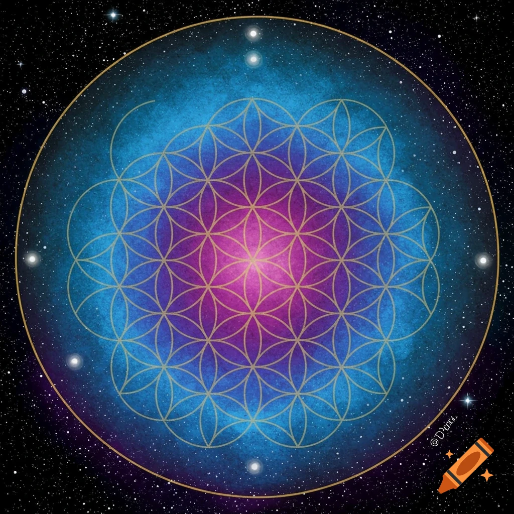 Sacred geometry pattern of the Flower of Life overlaid on a colorful space nebula with stars.