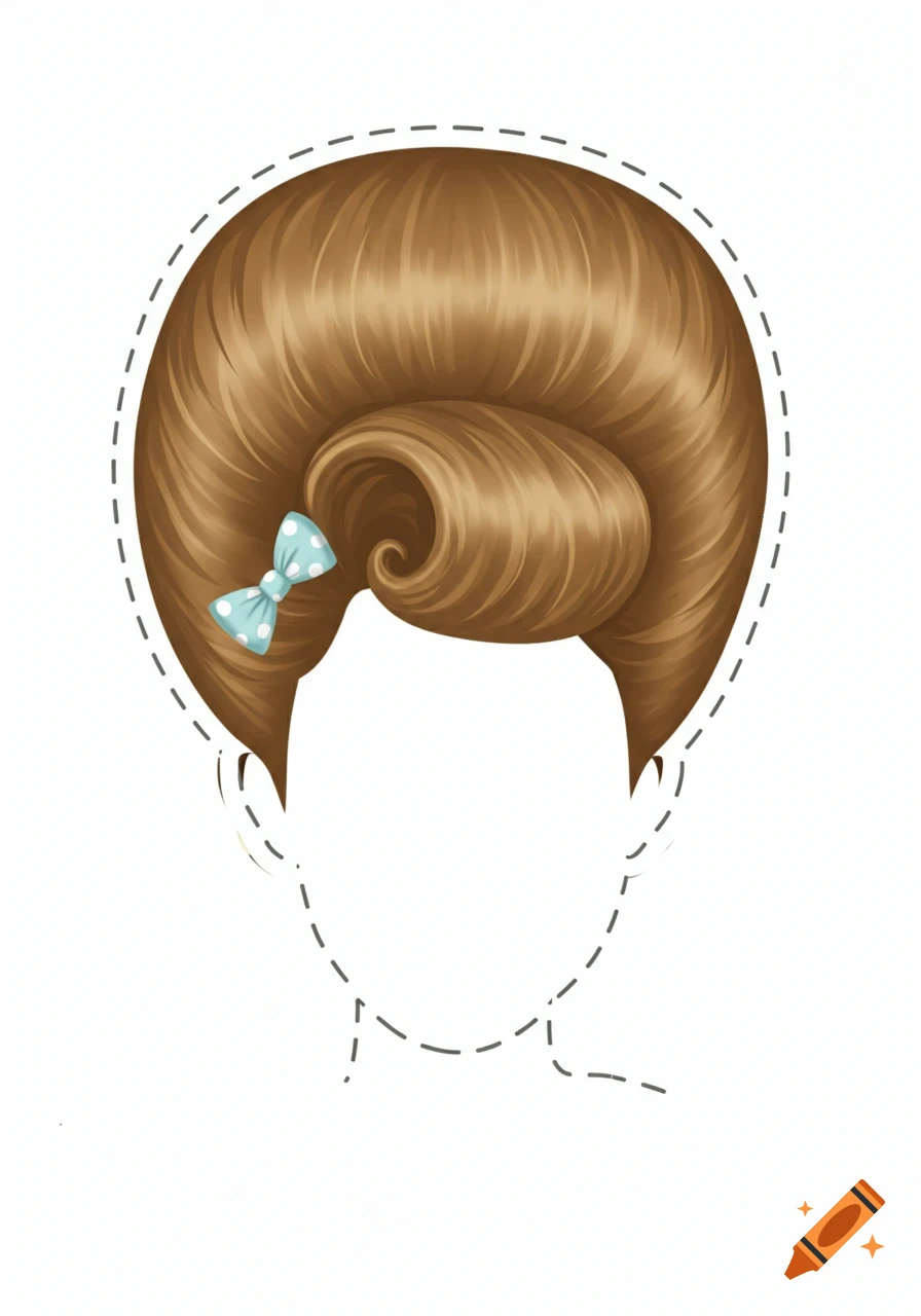 A cut-out illustration of a brown 1960s beehive hairstyle with a blue polka dot bow.