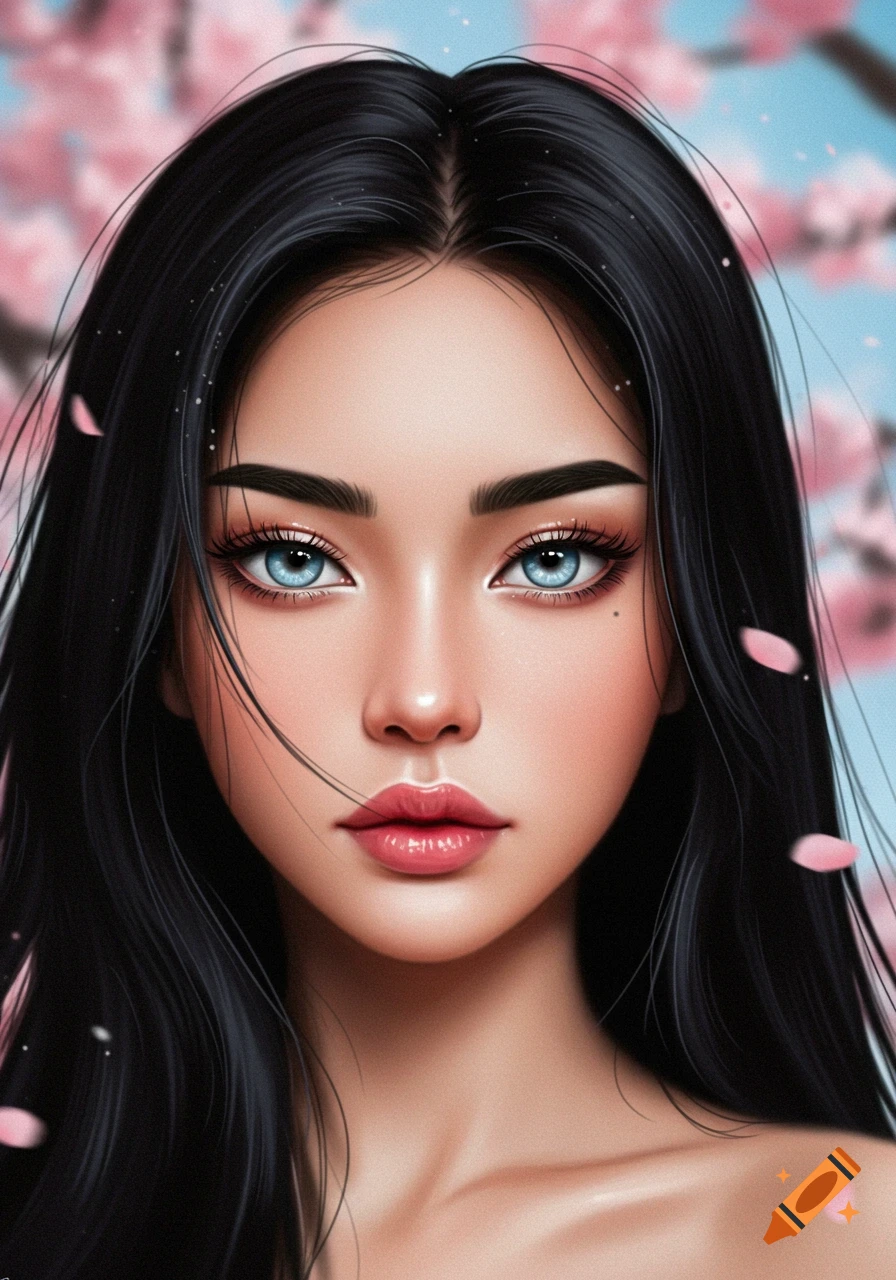 Digital illustration portrait of a woman with long black hair and blue eyes surrounded by cherry blossoms.