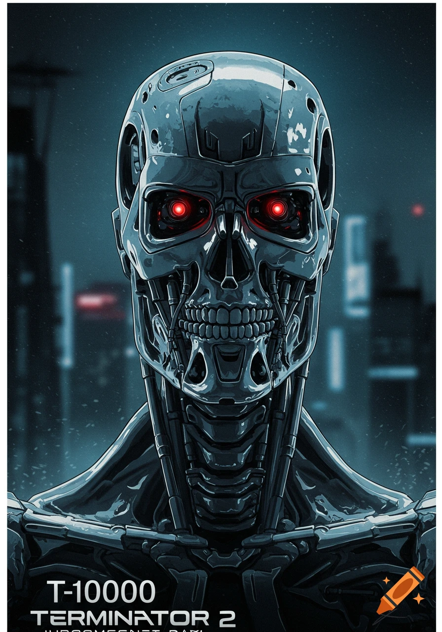 Illustration of a Terminator endoskeleton skull with glowing red eyes