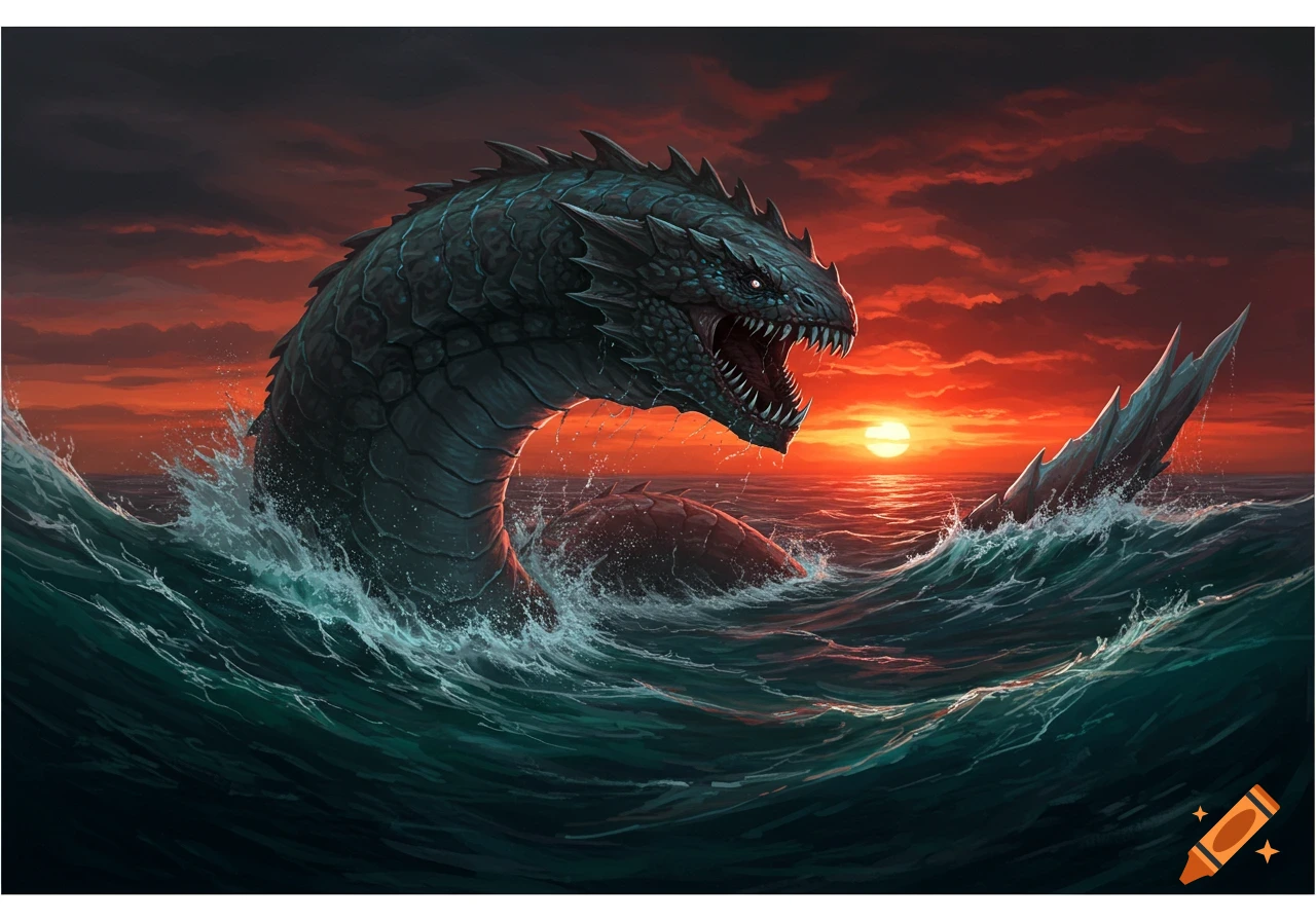 A large sea monster emerges from stormy waters at sunset, with its mouth open.