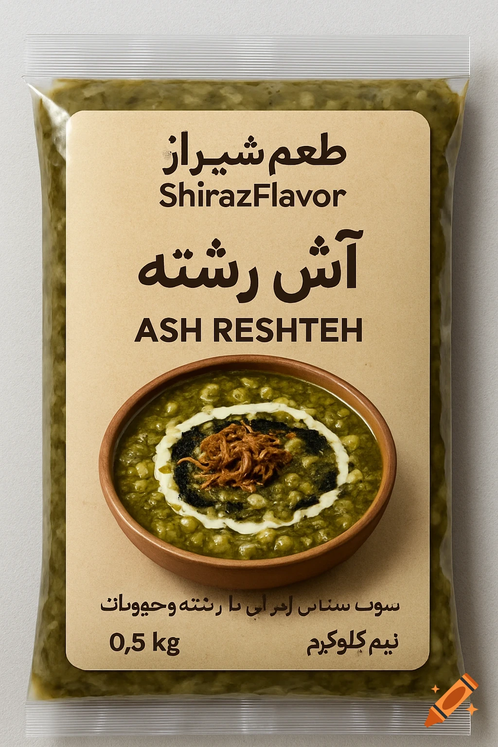 A bag of Ash Reshteh soup mix with a label showing a bowl of green soup.