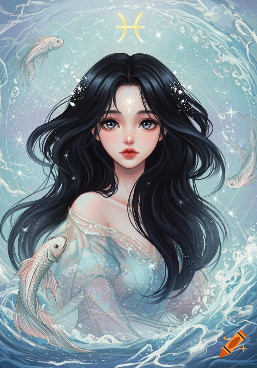 Anime illustration of a girl representing Pisces zodiac sign surrounded by fish and water.