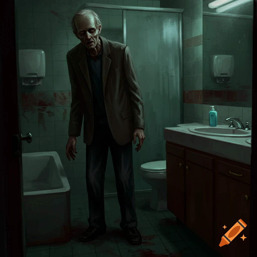 An illustration of a creepy old man resembling a zombie standing in a dark, blood-splattered bathroom.