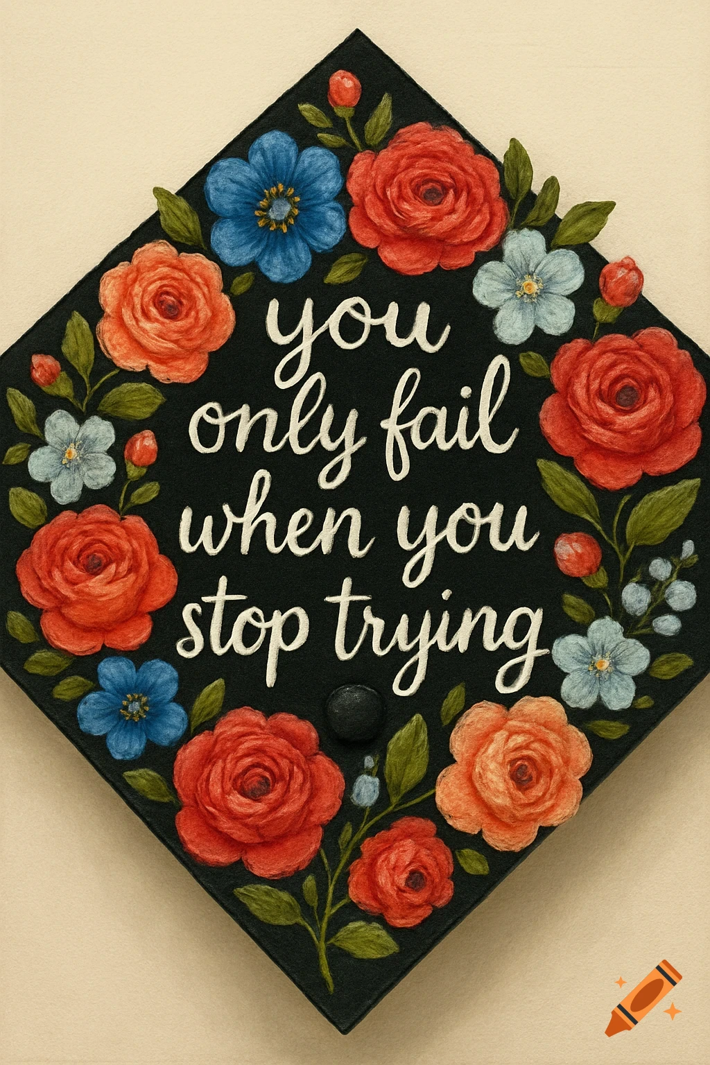 Graduation cap decorated with flowers and the text 'you only fail when ...