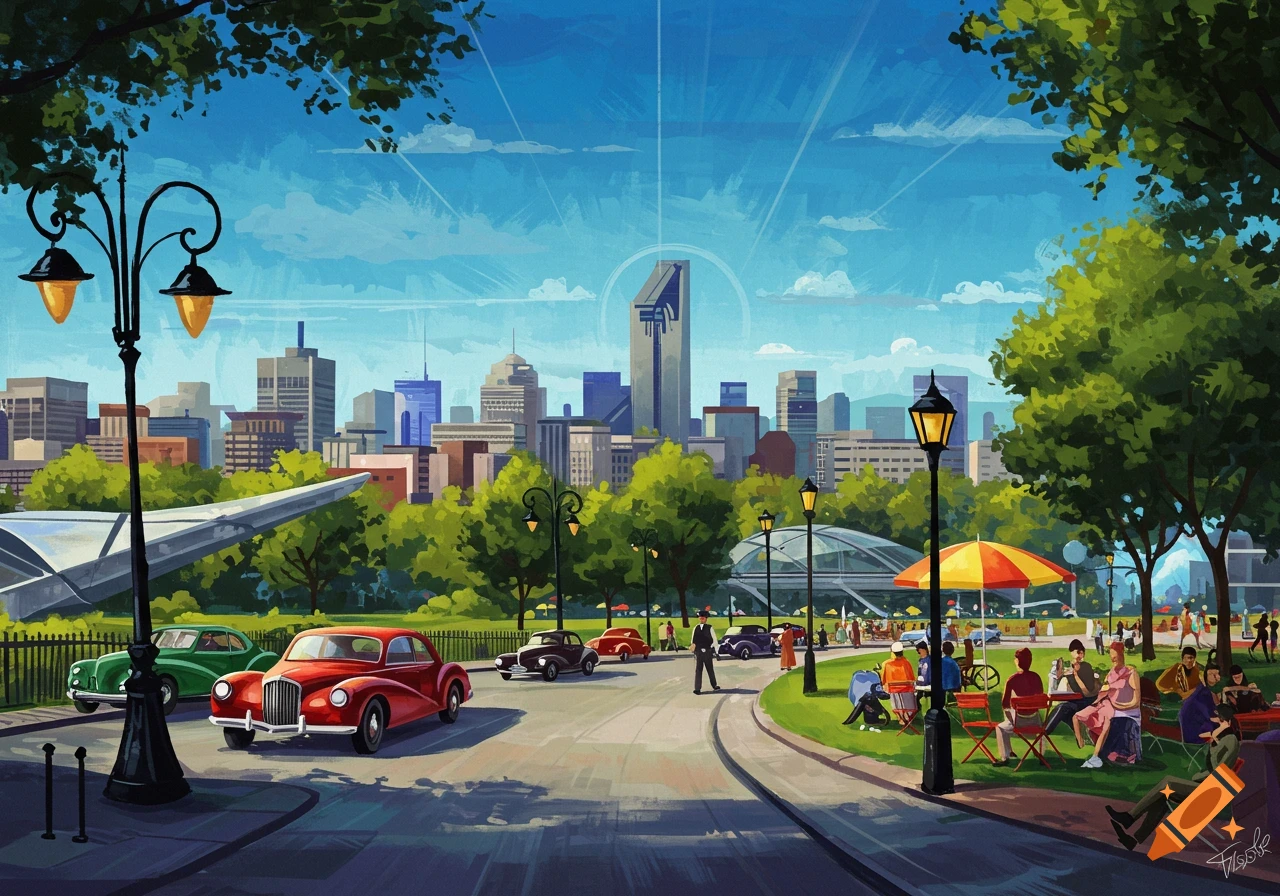 Painterly scene of a park road with classic cars, people, and a city skyline.