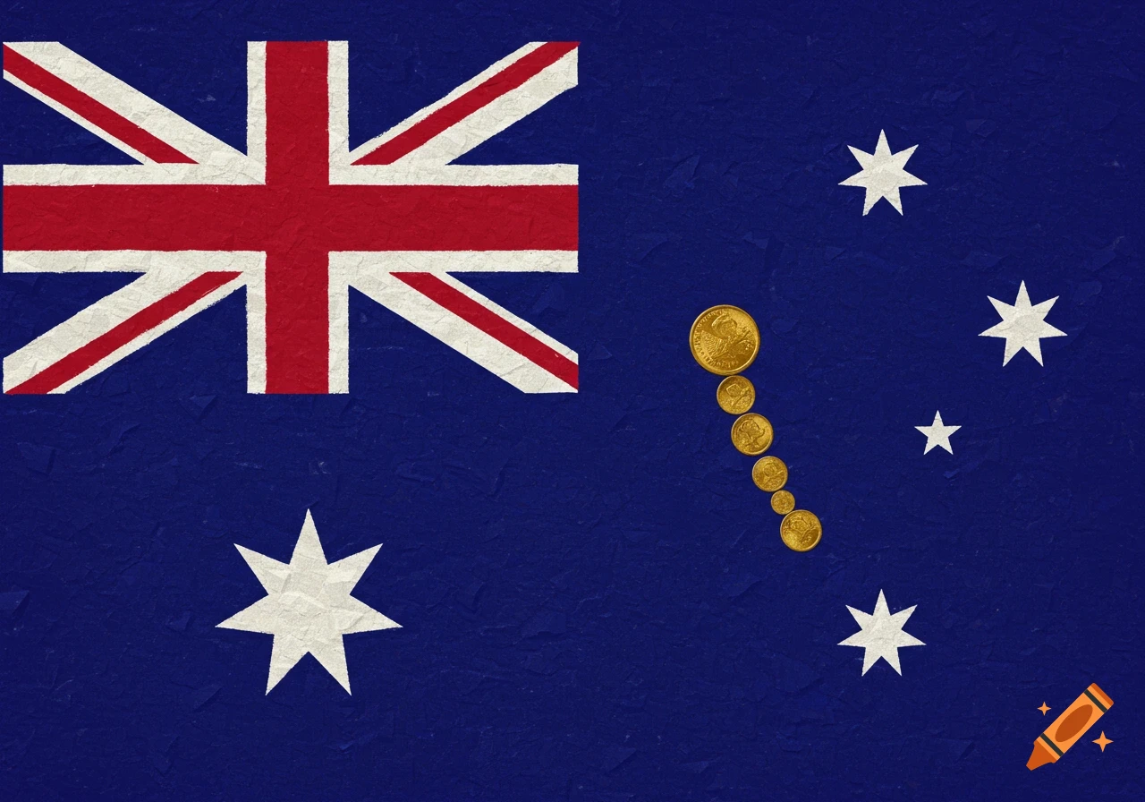 Australian flag with gold coins representing the Southern Cross stars. Textured style.