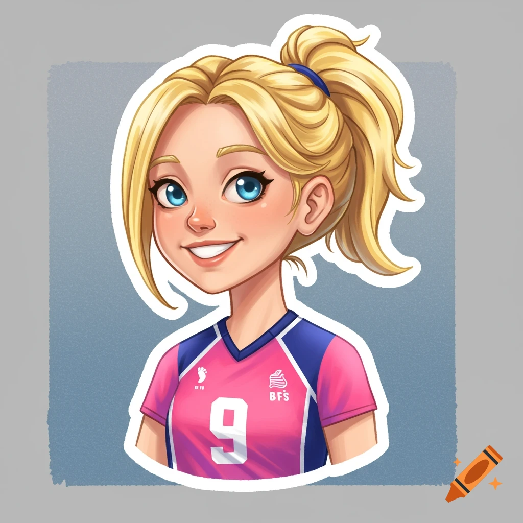 Cartoon sticker of a blonde girl in a pink and blue volleyball jersey with number 9