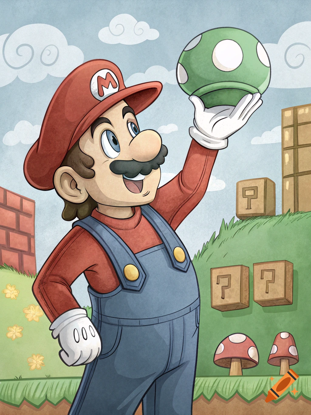 Cartoon illustration of Mario holding a green mushroom in a Super Mario Bros level.