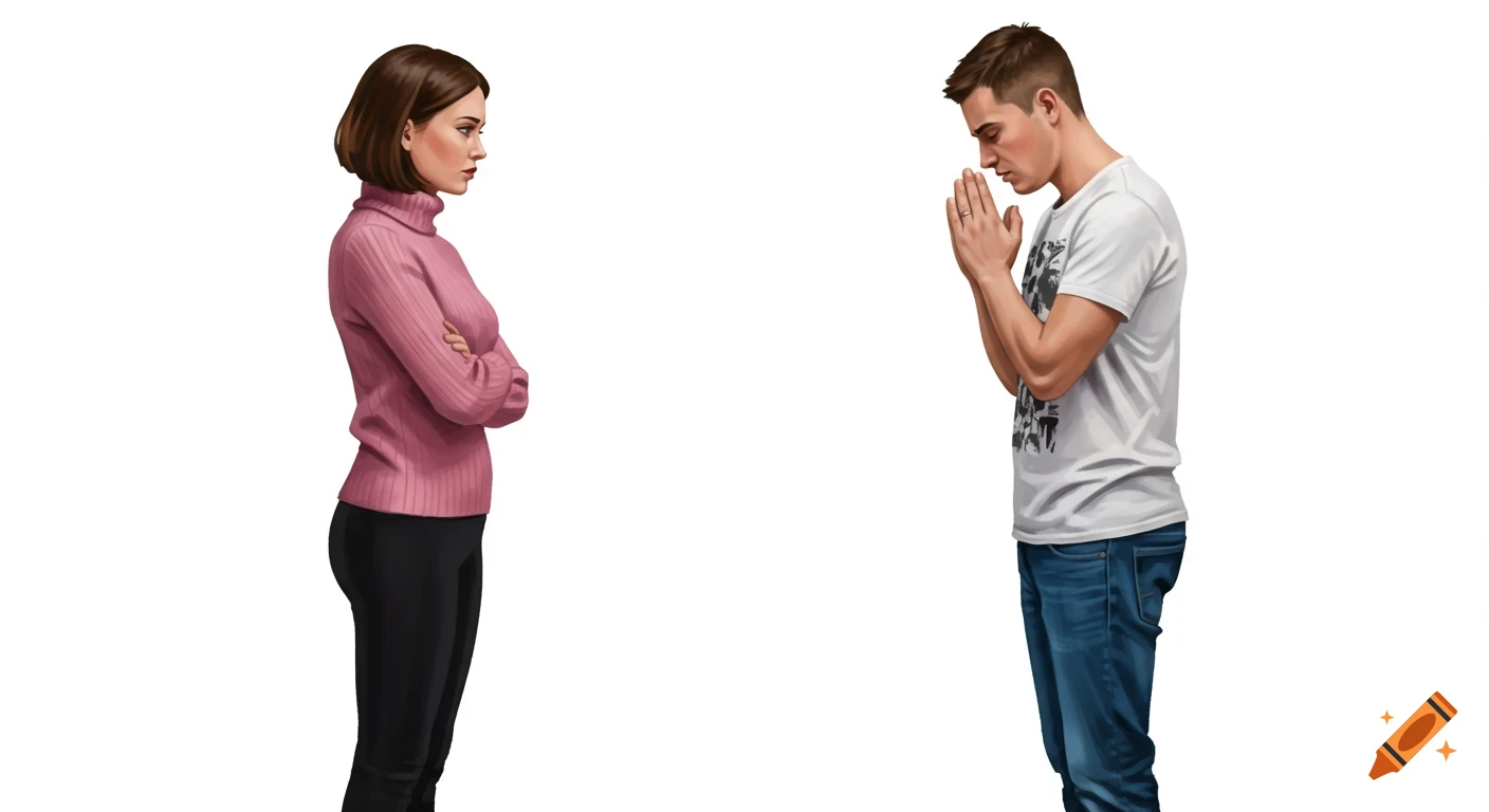 Illustration of a woman with crossed arms facing a man clasping his hands.