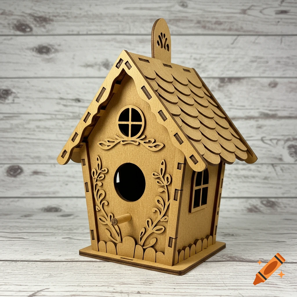 A wooden birdhouse with decorative cutouts on a wooden background.
