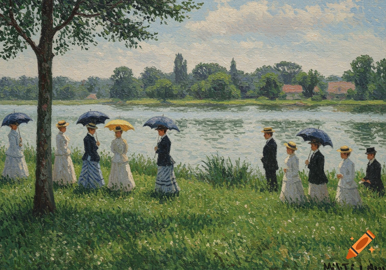 Pointillist painting of people with parasols by a lake.