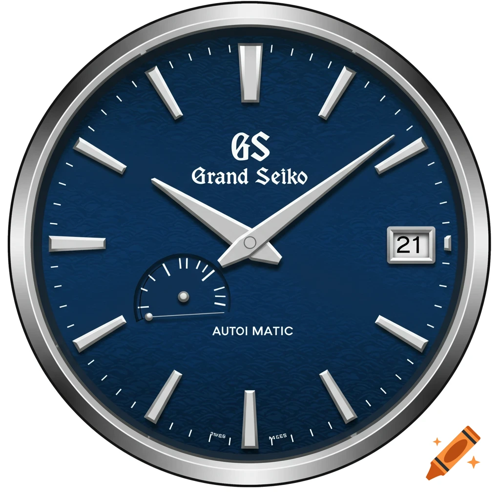 Close-up of a blue watch face with hands, indices, sub-dial, and date window, inspired by Grand Seiko.