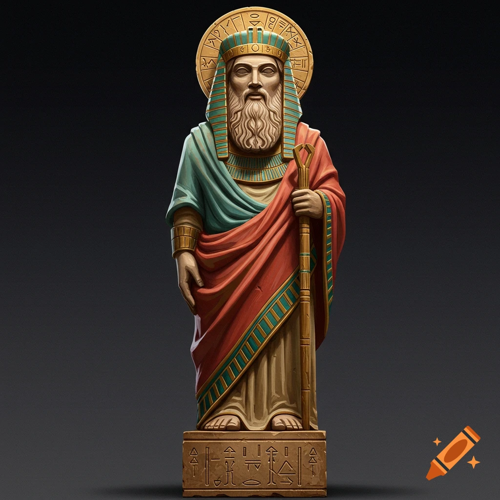 Statue of an ancient figure with beard, staff, headdress, and halo on a base with symbols.