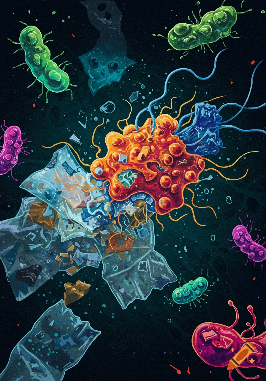 Illustration of stylized bacteria consuming plastic debris.