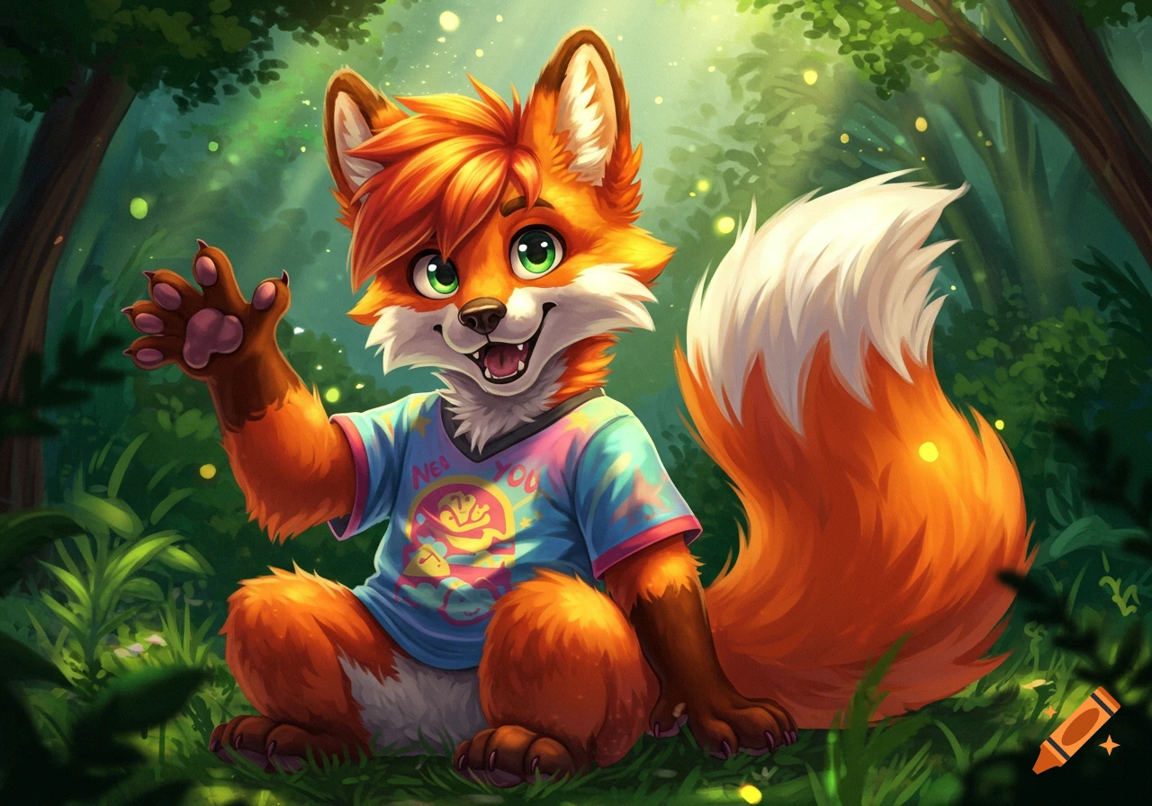 A cute cartoon fox furry in a tie-dye shirt waves in a forest.