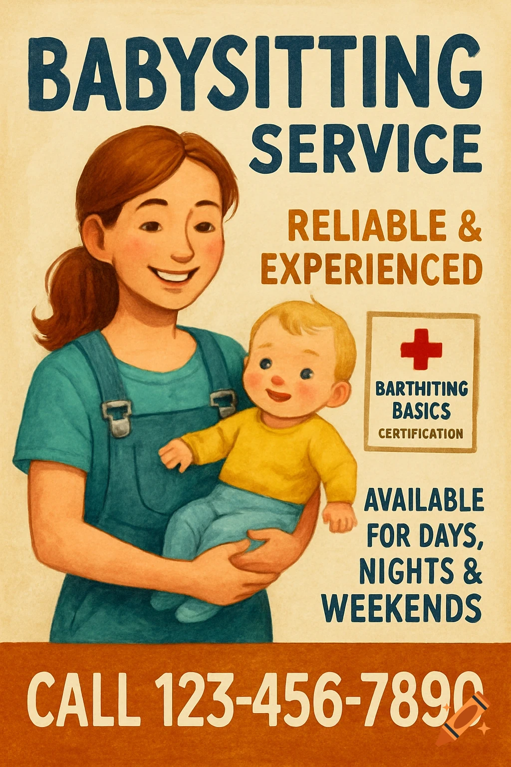 A poster advertising a babysitting service, featuring an illustration of a woman holding a baby.