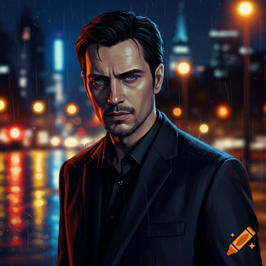 Digital illustration of a serious man in a black suit standing in the rain against a blurry city lights background.