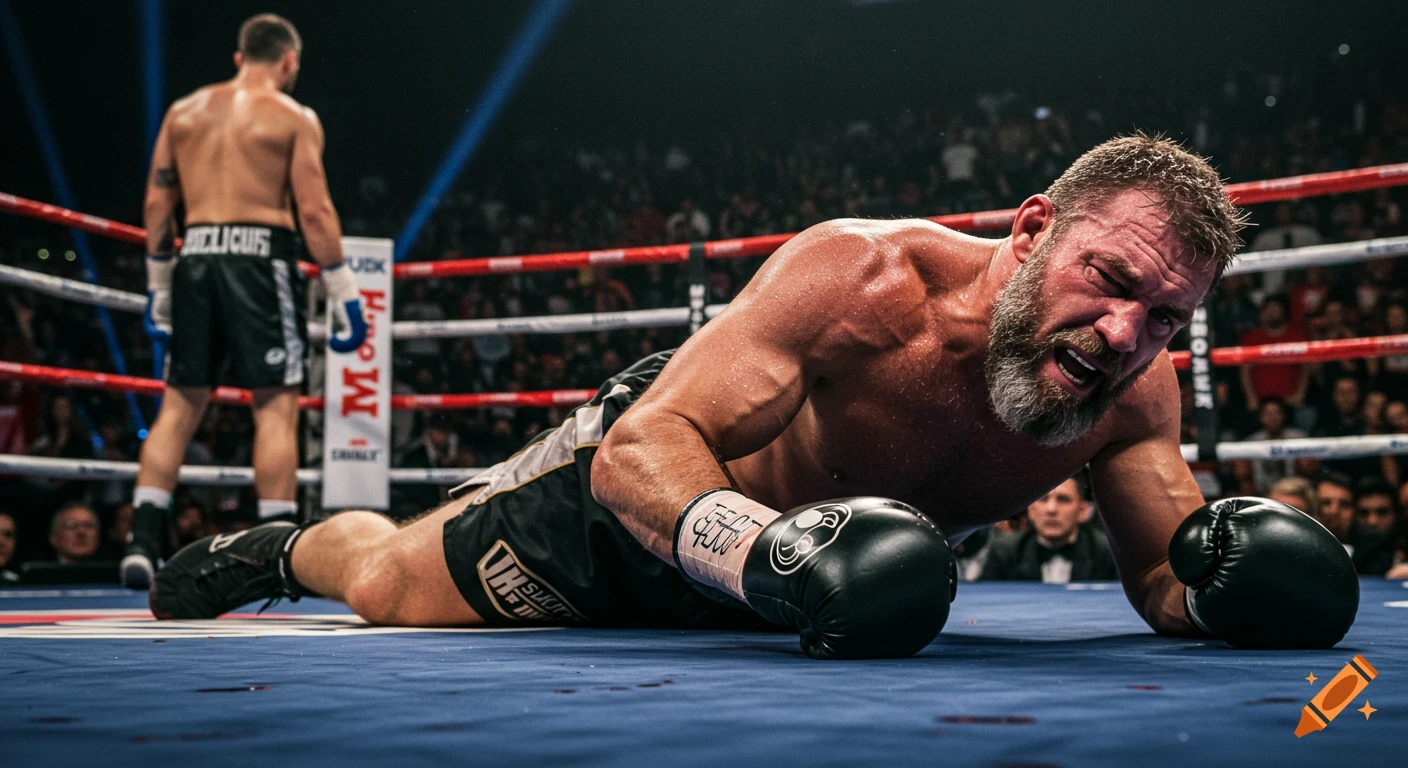 Photorealistic image of a defeated boxer lying on the canvas while his opponent stands nearby in the ring.
