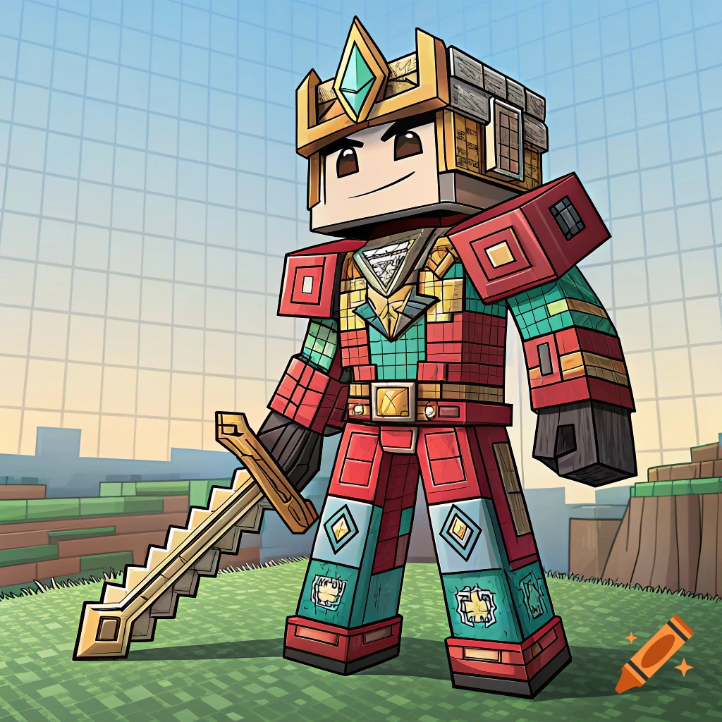 A blocky character in red, green, and gold fantasy armor with a crown holds a sword in a pixelated landscape.