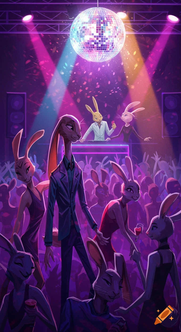 Anthropomorphic rabbits dance and DJ in a vibrant, purple-lit nightclub.