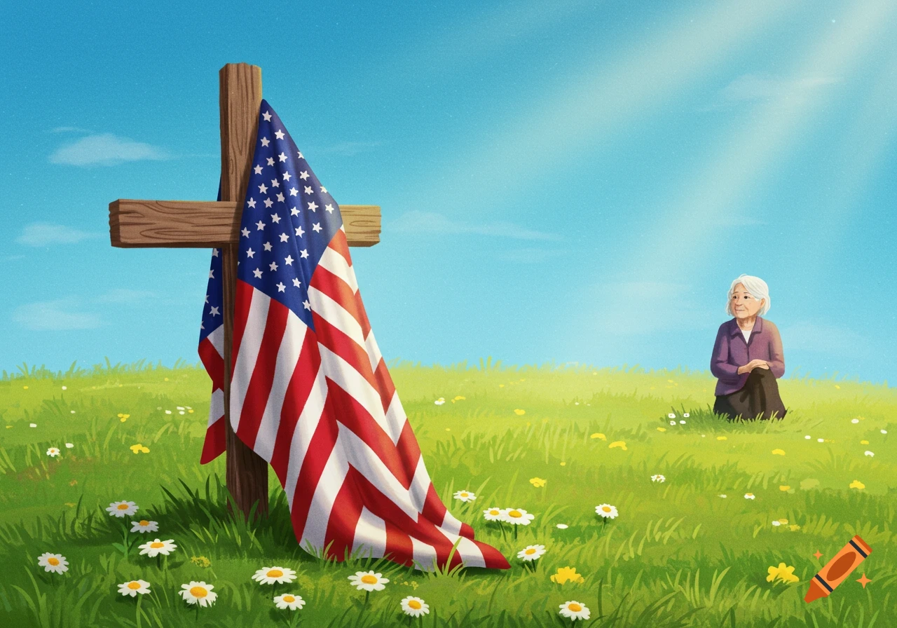 Wooden cross draped with an American flag in a field of flowers, woman sits nearby under a sunny sky.