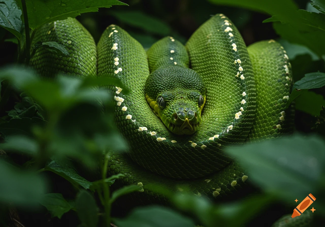 A coiled green tree python snake in lush green leaves, photorealistic.