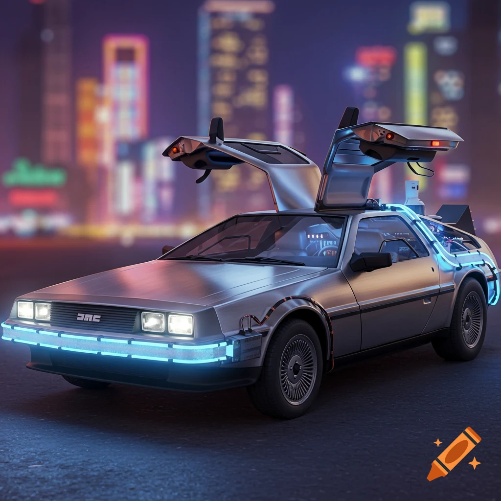A futuristic silver car resembling a DeLorean with glowing blue lights and open gull-wing doors, parked at night with a blurred city background.