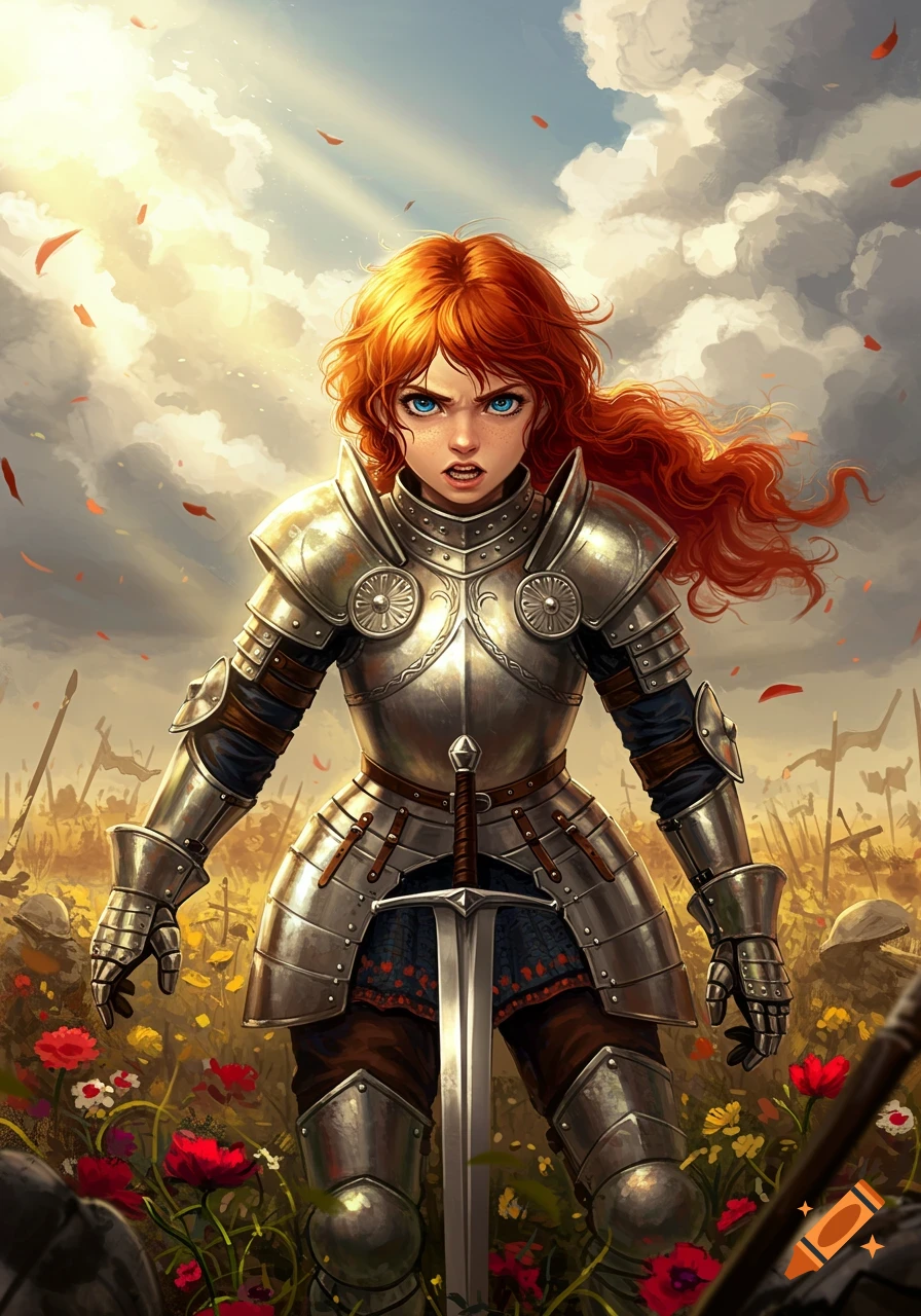 A red-haired female warrior in shining armor stands in a field of flowers, gripping a sword. Digital painting.
