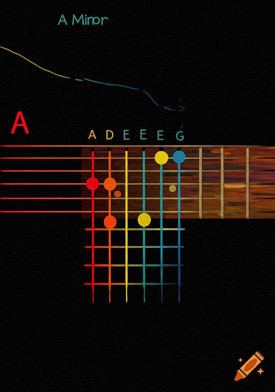 Colorful diagram of an A minor guitar chord on a fretboard.