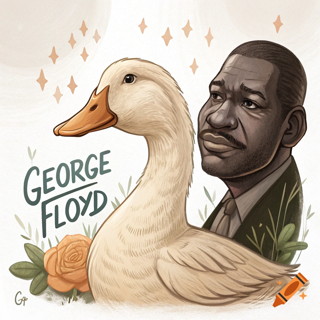 Cartoon illustration of a duck next to George Floyd with his name.