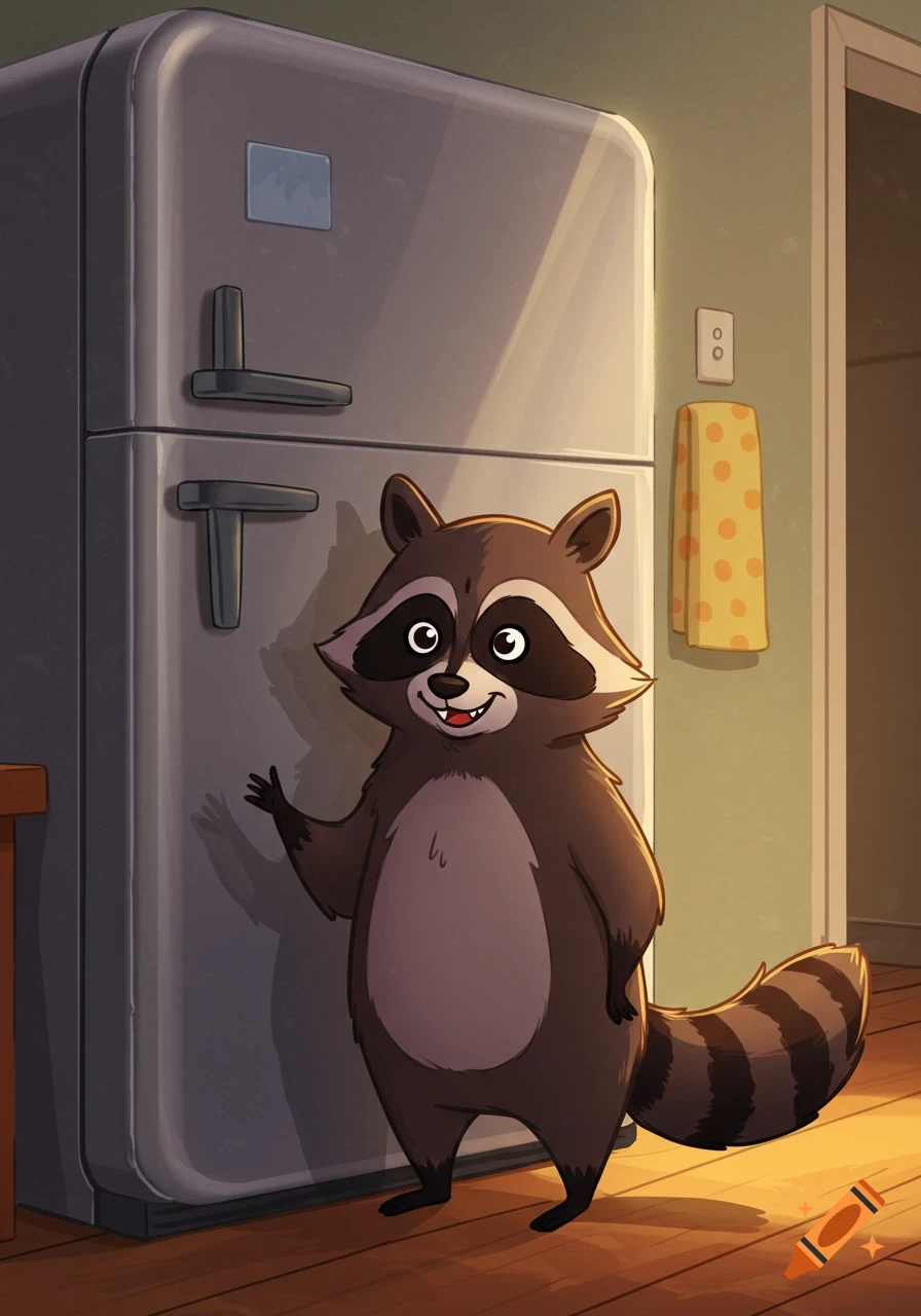 Cartoon raccoon stands by a fridge