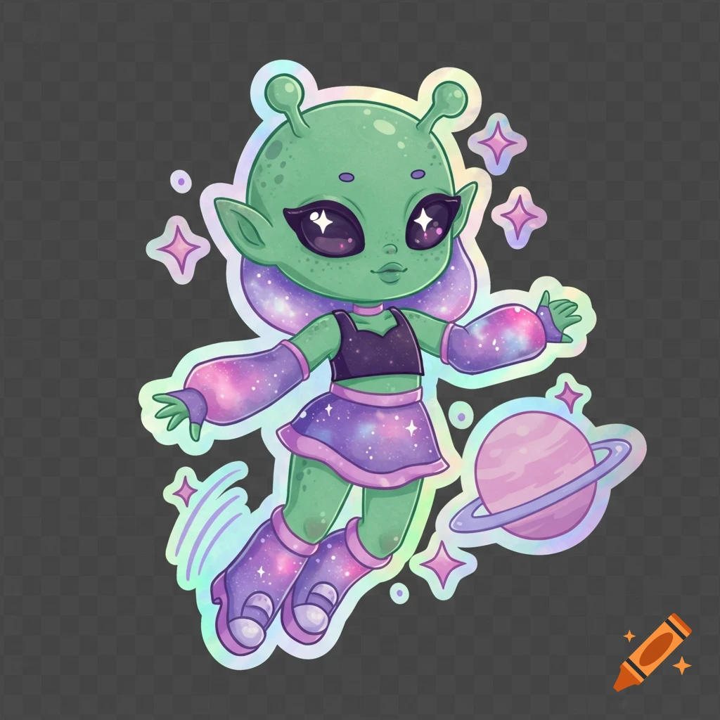 Cute alien girl sticker floating in space with a planet and stars, holographic style
