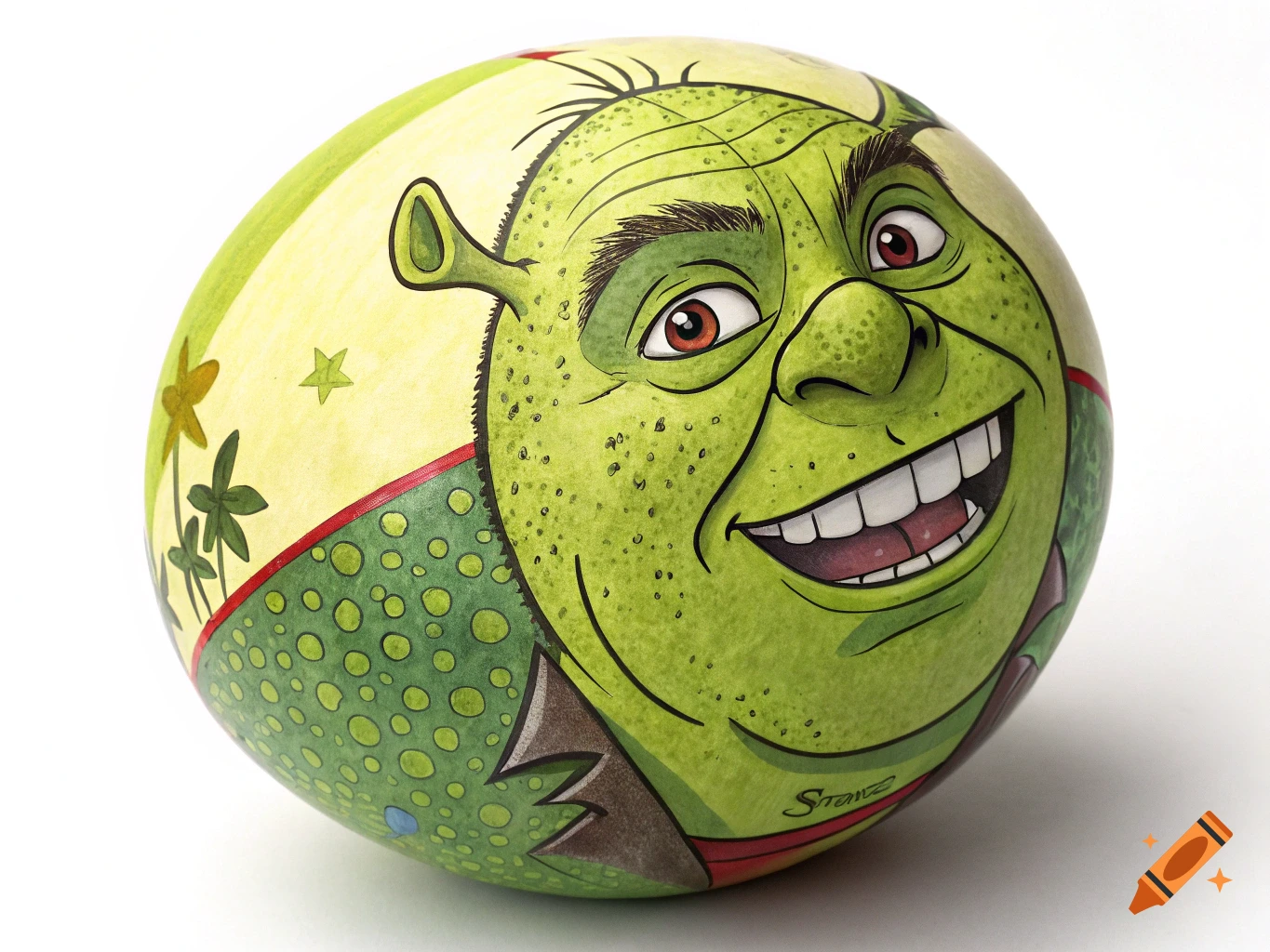 Painting of Shrek's face on a green sphere
