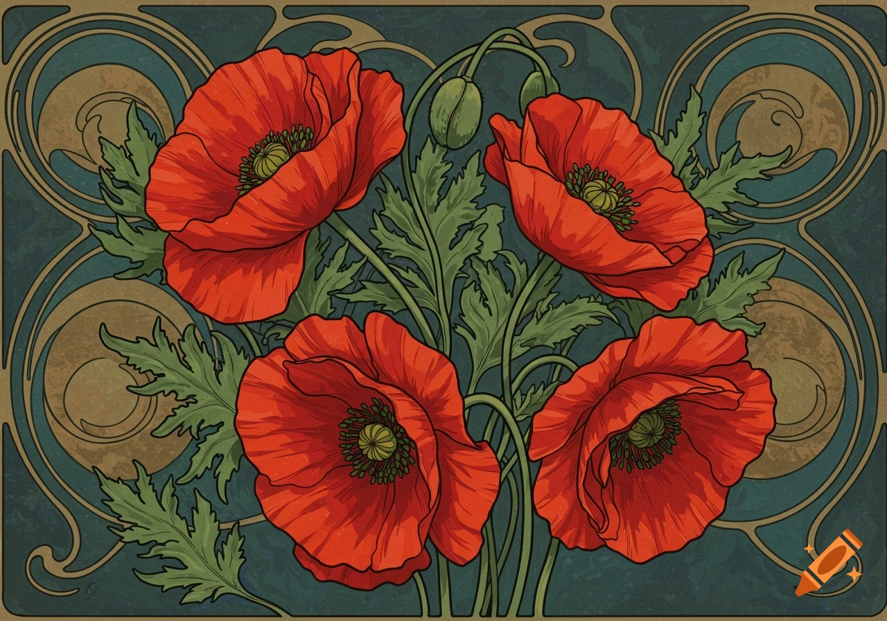 Art Nouveau illustration of red poppies