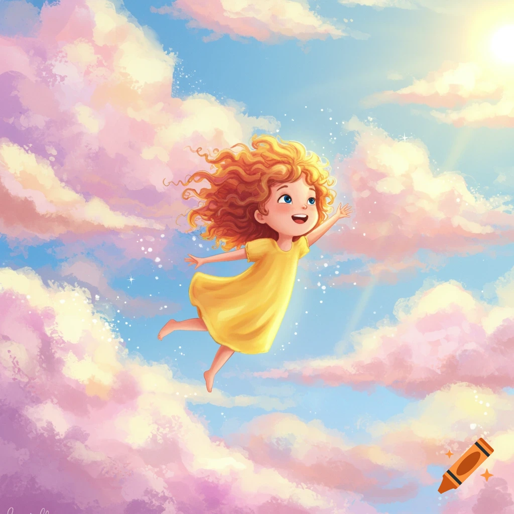 An illustration of a young girl flying through bright pink clouds in a ...