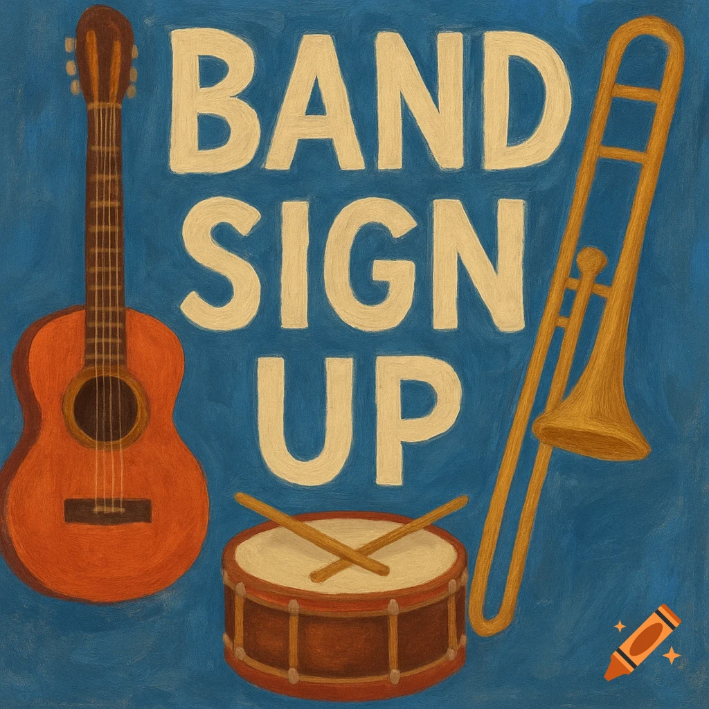 Guitar, drum, and trombone with 'BAND SIGN UP' text on a blue background, in a stylized art style.