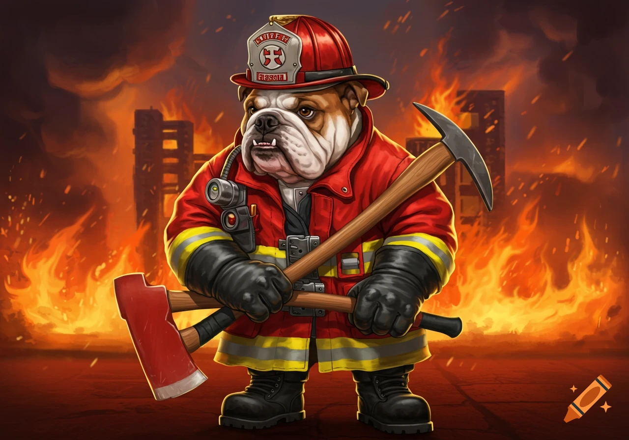 A bulldog in firefighter gear holds an axe and a haligan in front of a burning building.