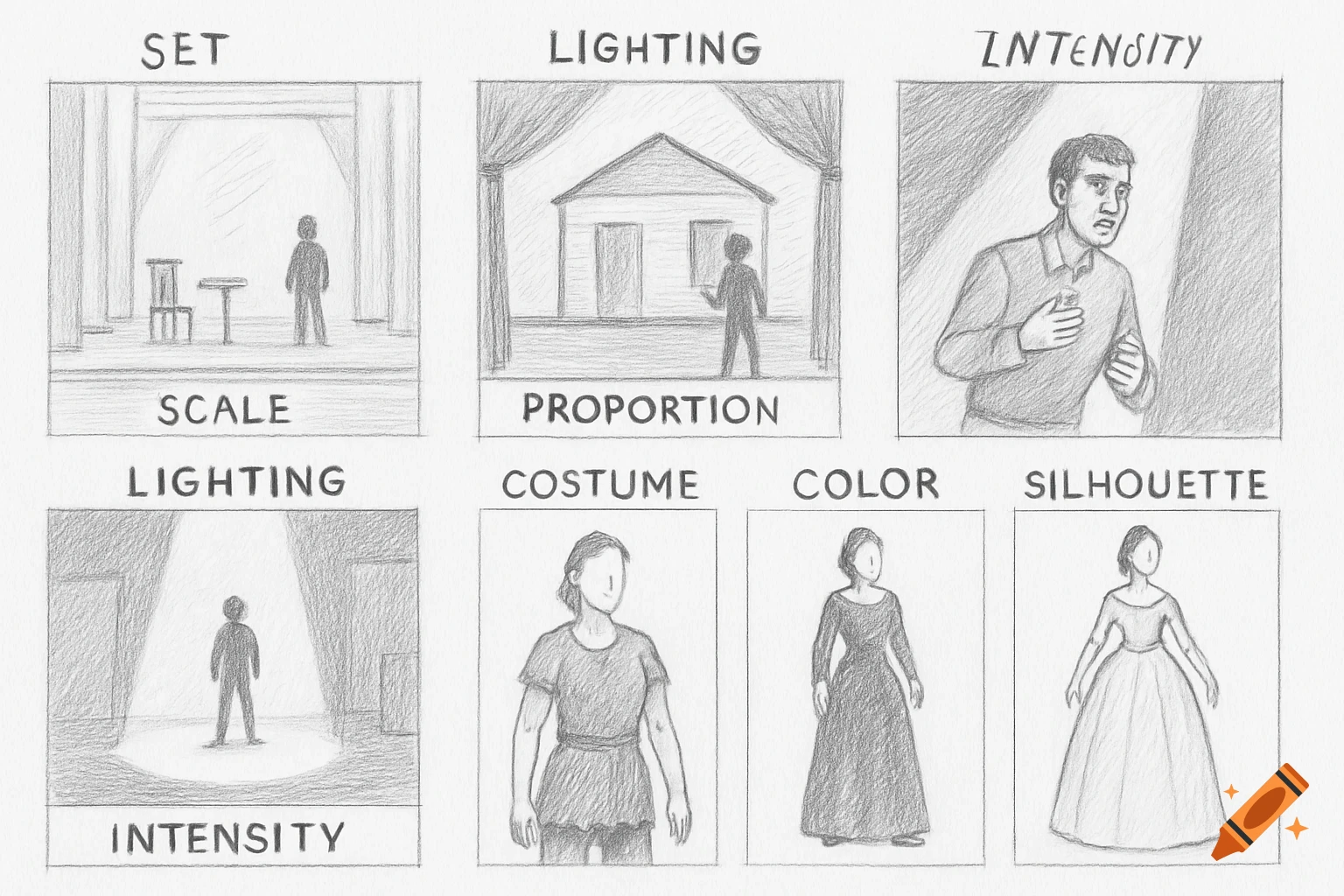 A grid of pencil sketches illustrating theatrical design concepts like set, lighting, costume, scale, proportion, intensity, color, and silhouette.