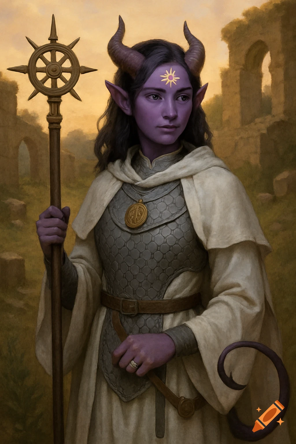 Portrait of a purple-skinned Tiefling cleric in armor and robes, holding a staff, in front of ancient ruins.