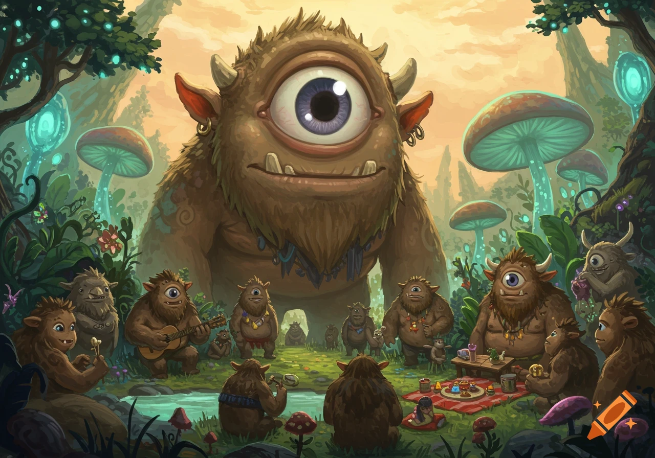 Cyclops Playing Instrument A large cyclops stands over smaller cyclops creatures having a picnic ...