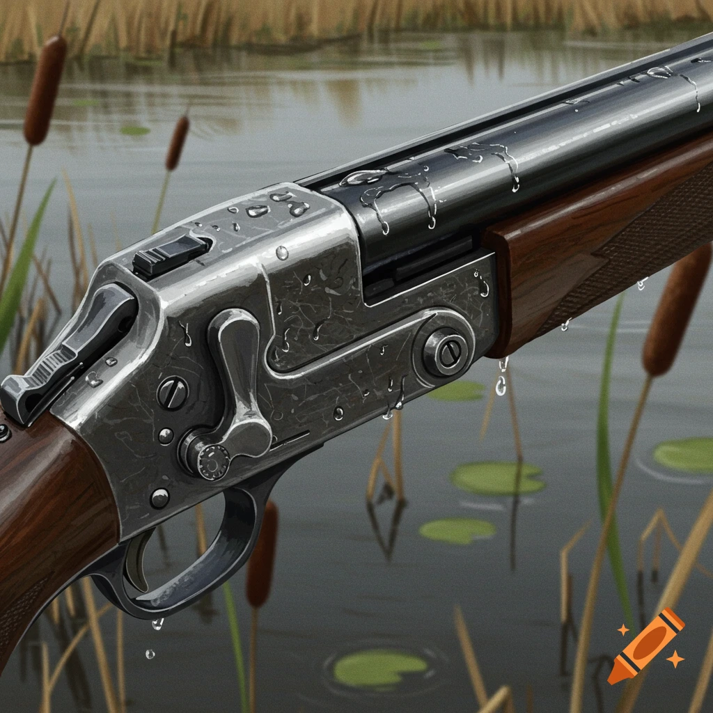 Close-up of a shotgun with water droplets in a wetland setting.