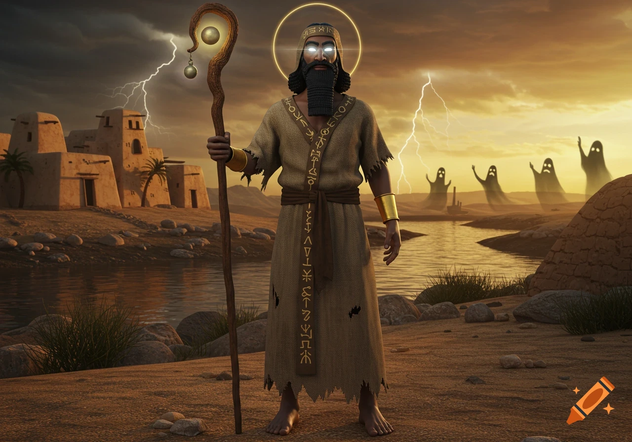 A 3D anime-style image of a Sumerian seer with glowing eyes, halo, and staff, standing by a river with spirits under a stormy sky.