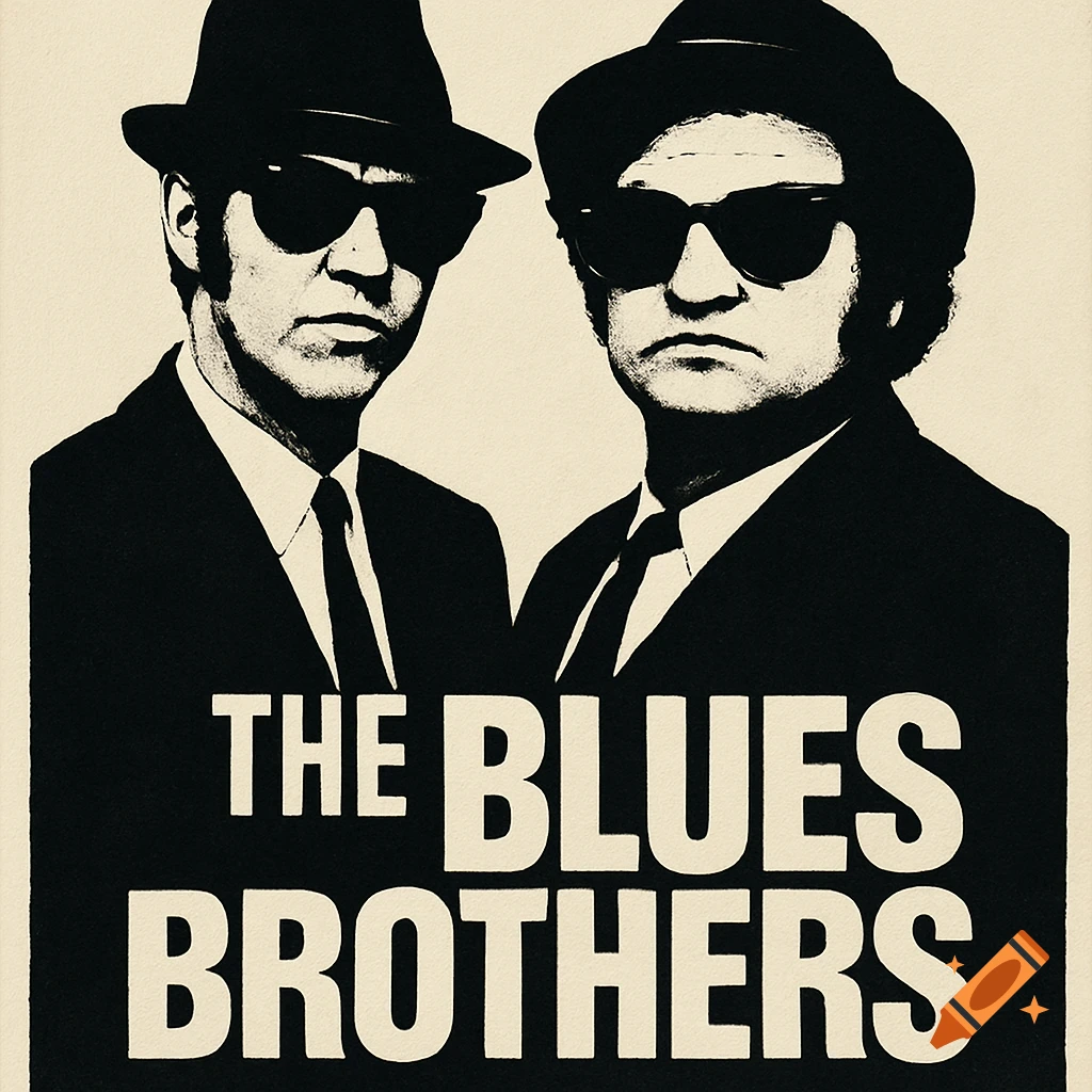 Two men in suits and hats in a two-tone black and white art style with 'The Blues Brothers' text.