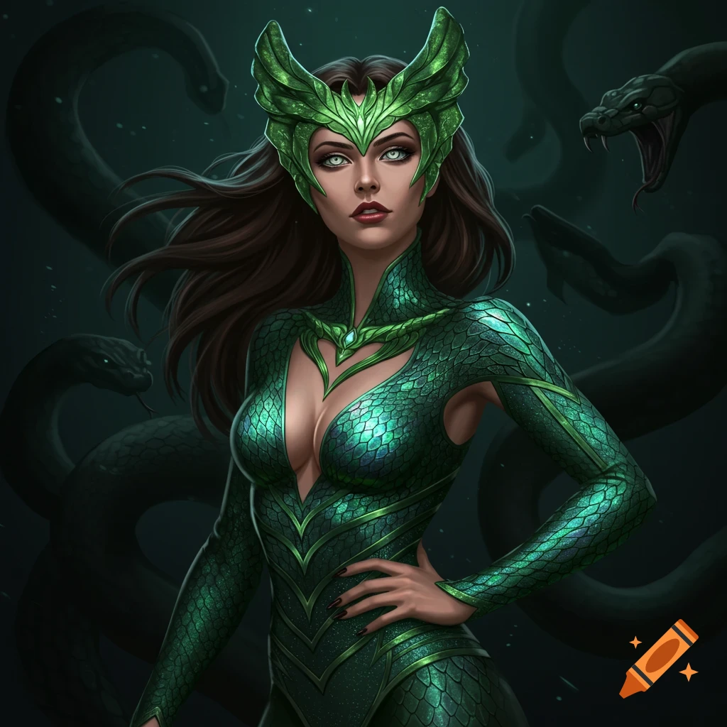 Fantasy character in green serpent suit with snake background, cinematic style.