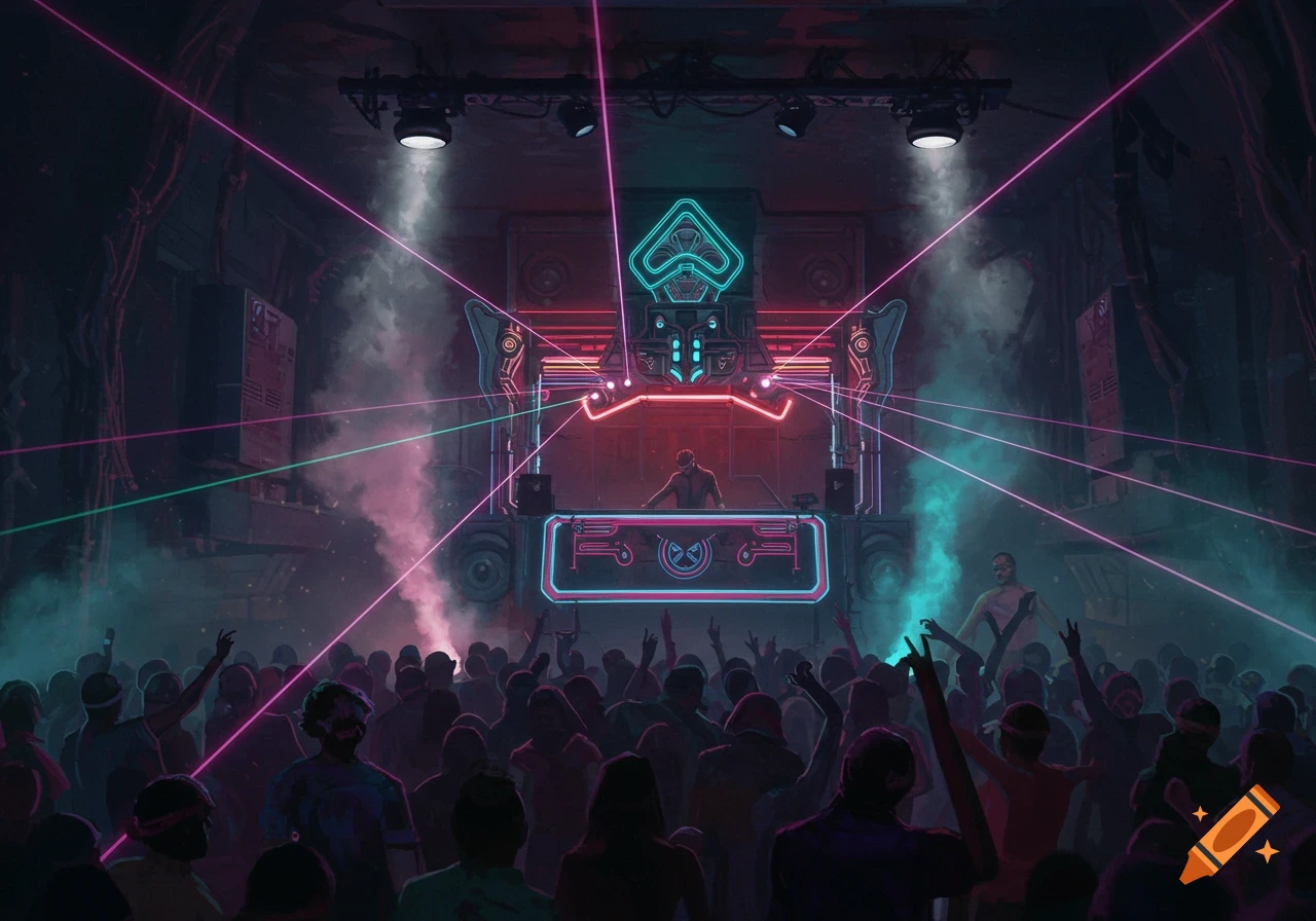 Futuristic underground rave with DJ, crowd, neon lights, and lasers.