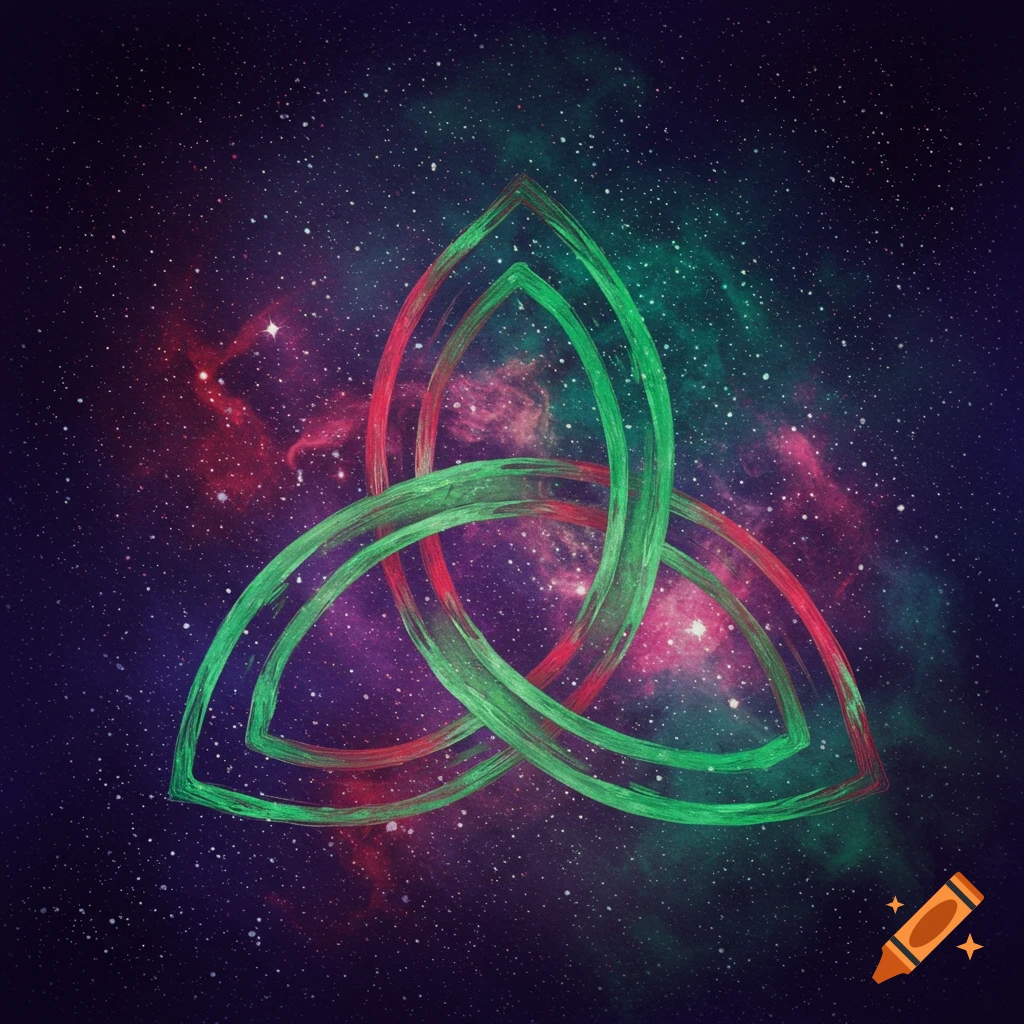 Green and red triquetra symbol over a galaxy background